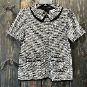 Anthropologie Postmark Boucle Top S Black White Pockets Boho Lined Collar Tweed